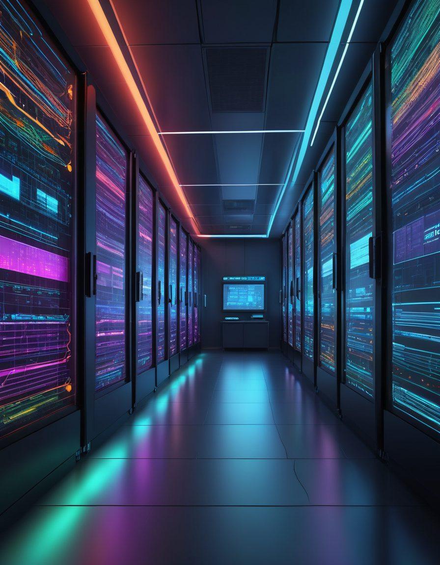 A dynamic image showcasing the seamless integration of backend and frontend development: a sleek, modern server room connected to a vibrant, interactive user interface via glowing data streams. Include elements like code snippets, data flow diagrams, servers, and a computer screen displaying a colorful website. 3D. vibrant colors. futuristic design.