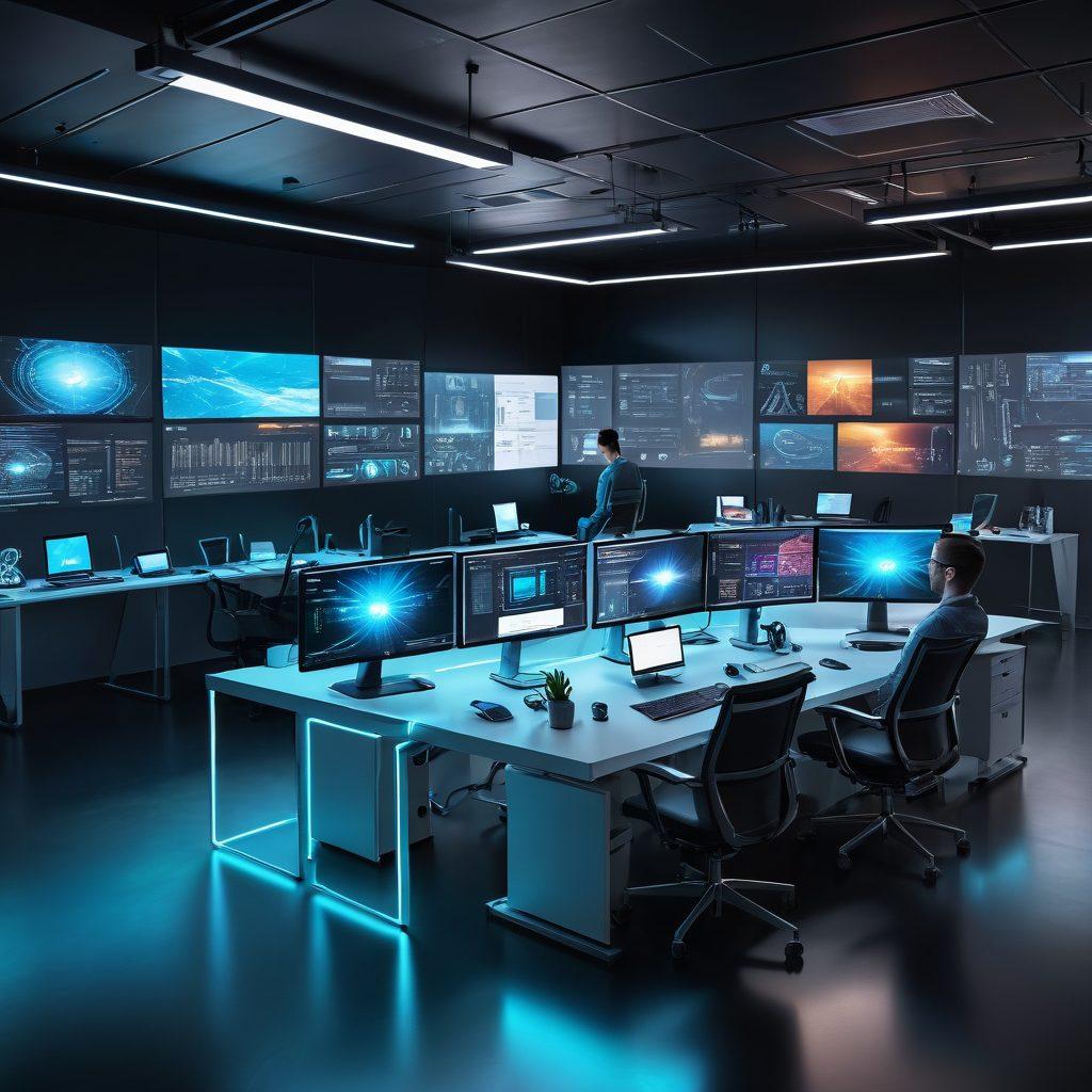 A futuristic digital workspace with holographic screens displaying code, design tools, and analytics. Diverse team of web developers collaborating, surrounded by modern tech gadgets. A sleek, functional website glowing from a large central screen. High-tech and innovative vibe. vibrant colors. 3D.