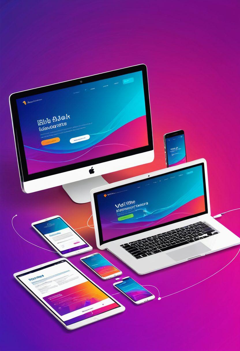 An artistic representation of a sleek, modern website displayed seamlessly across different devices like smartphones, tablets, and desktops. The devices should be interconnected with smooth flowing lines, symbolizing a unified user experience. Clean, minimalist design with vibrant accents and a hint of futuristic elements. vector art. vibrant colors.